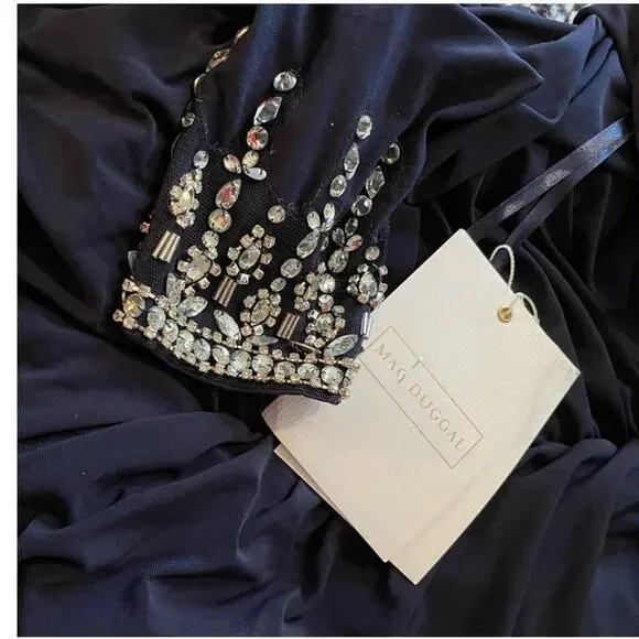 Mac Duggal 10 NEW Beaded Cuff Drop Shoulder Faux Wrap Gown Midnight Blue 12231 - Picture 7 of 8